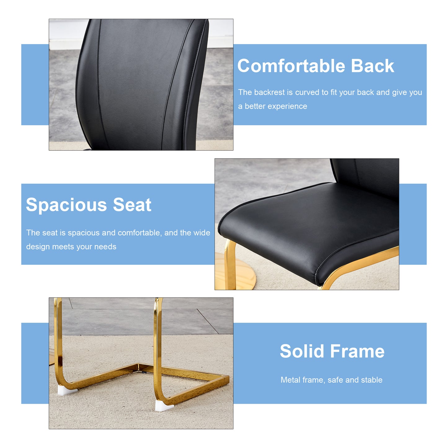 Black faux leather dining chair with curved back support