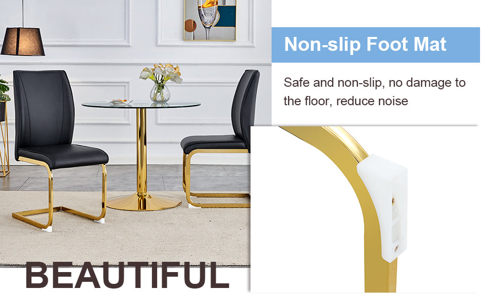 Black faux leather dining chair with sleek gold metal legs and floor protectors