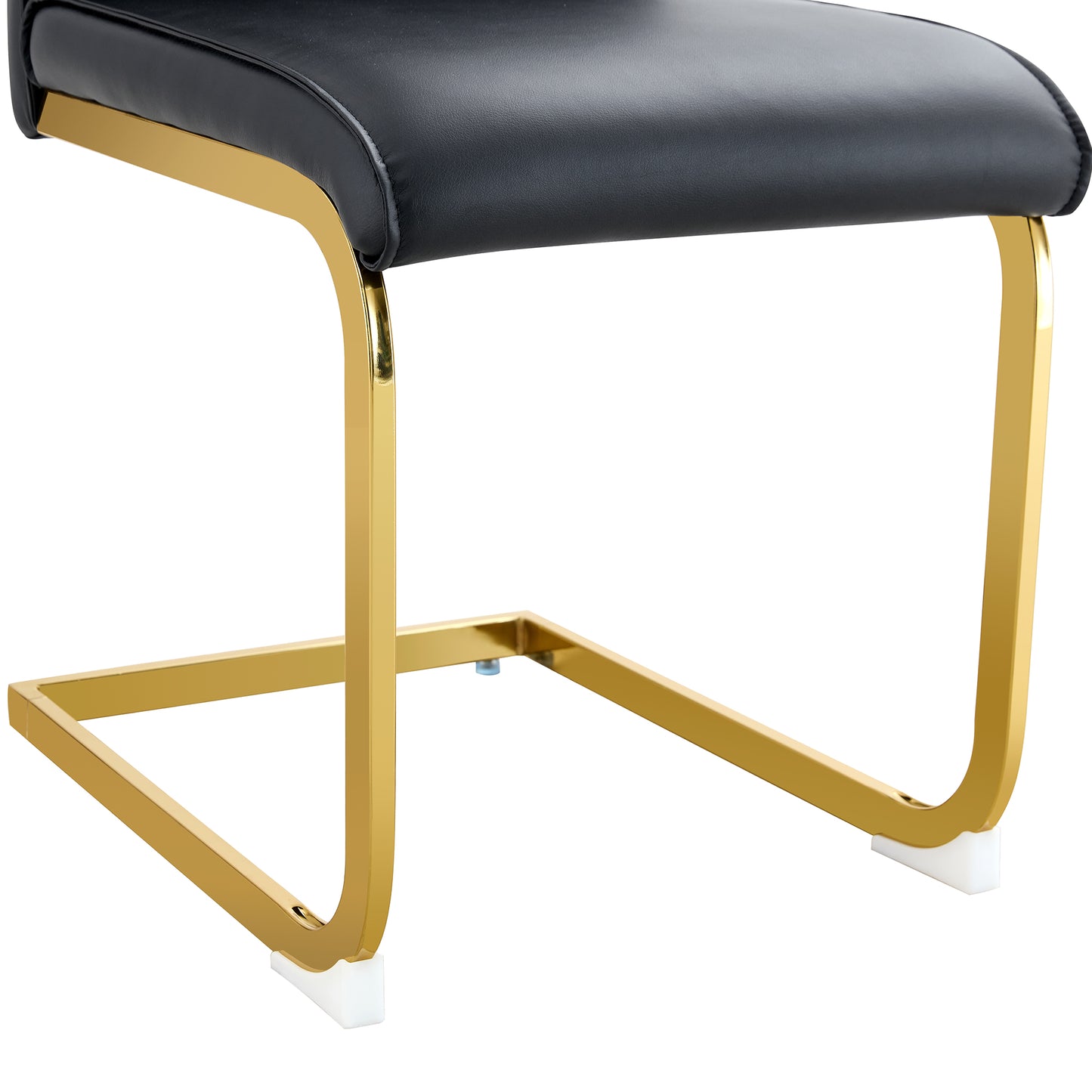 Black faux leather seat with sleek gold metal sled base and white floor protectors