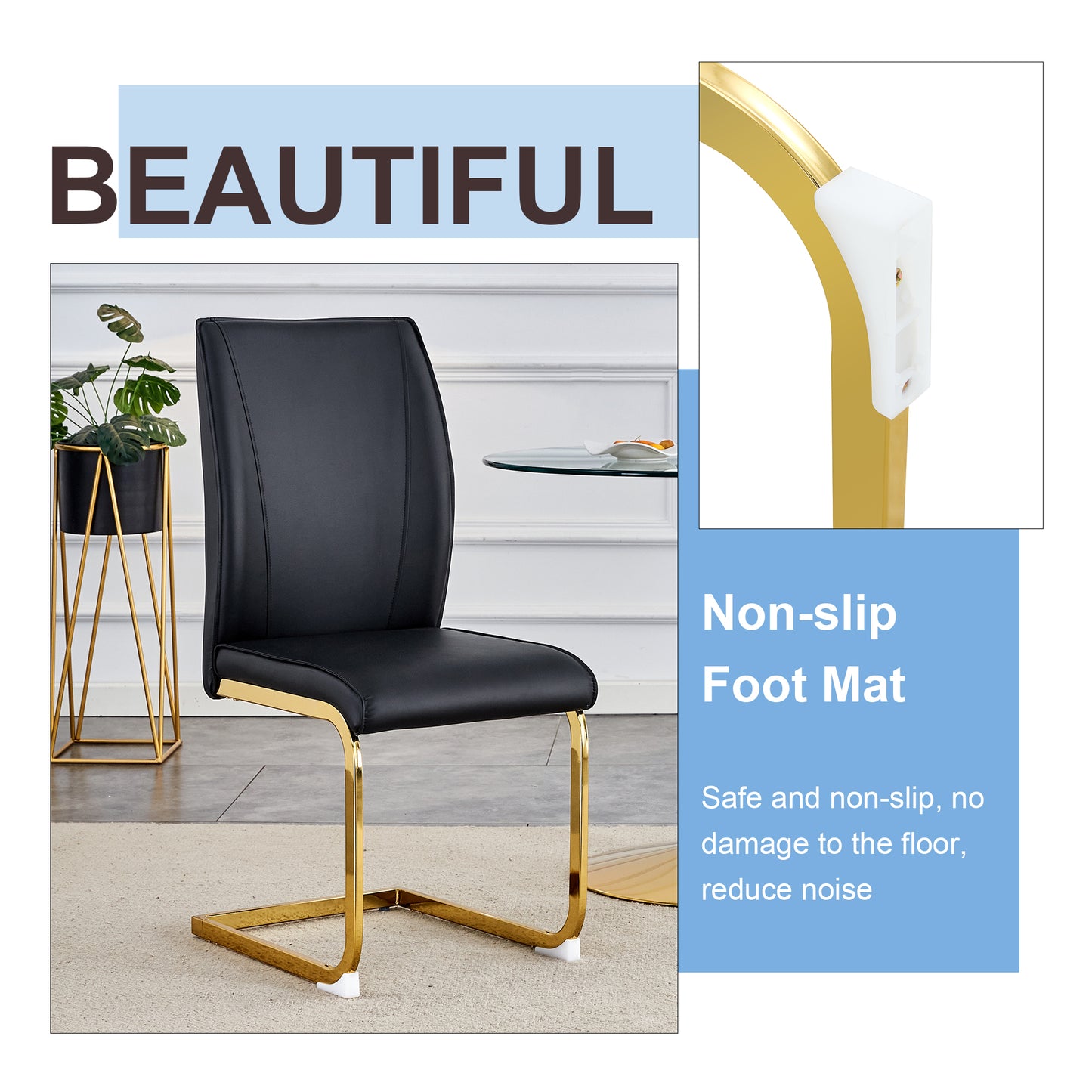 Black leather dining chair with modern gold cantilever base and white foot caps
