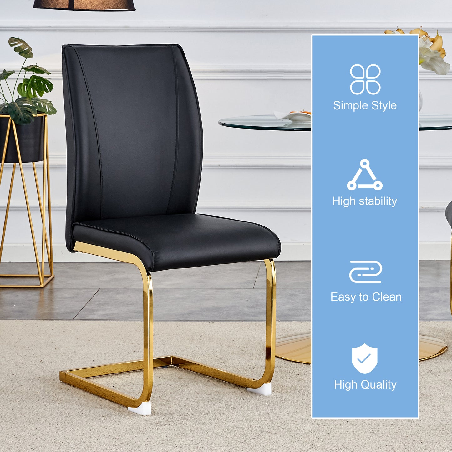 Black faux leather dining chair with a gold cantilever base and modern simple style