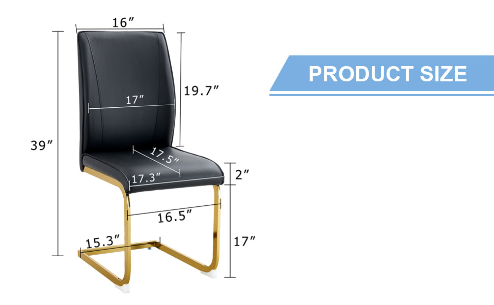 Black faux leather dining chair with gold metal sled legs and product dimensions