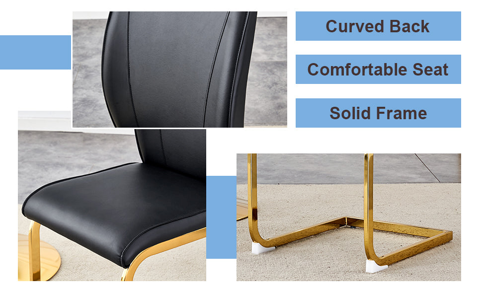 Black faux leather dining chair with curved back and gold metal legs