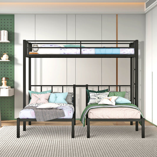 Black metal triple bunk bed with twin mattresses and decorative pillows