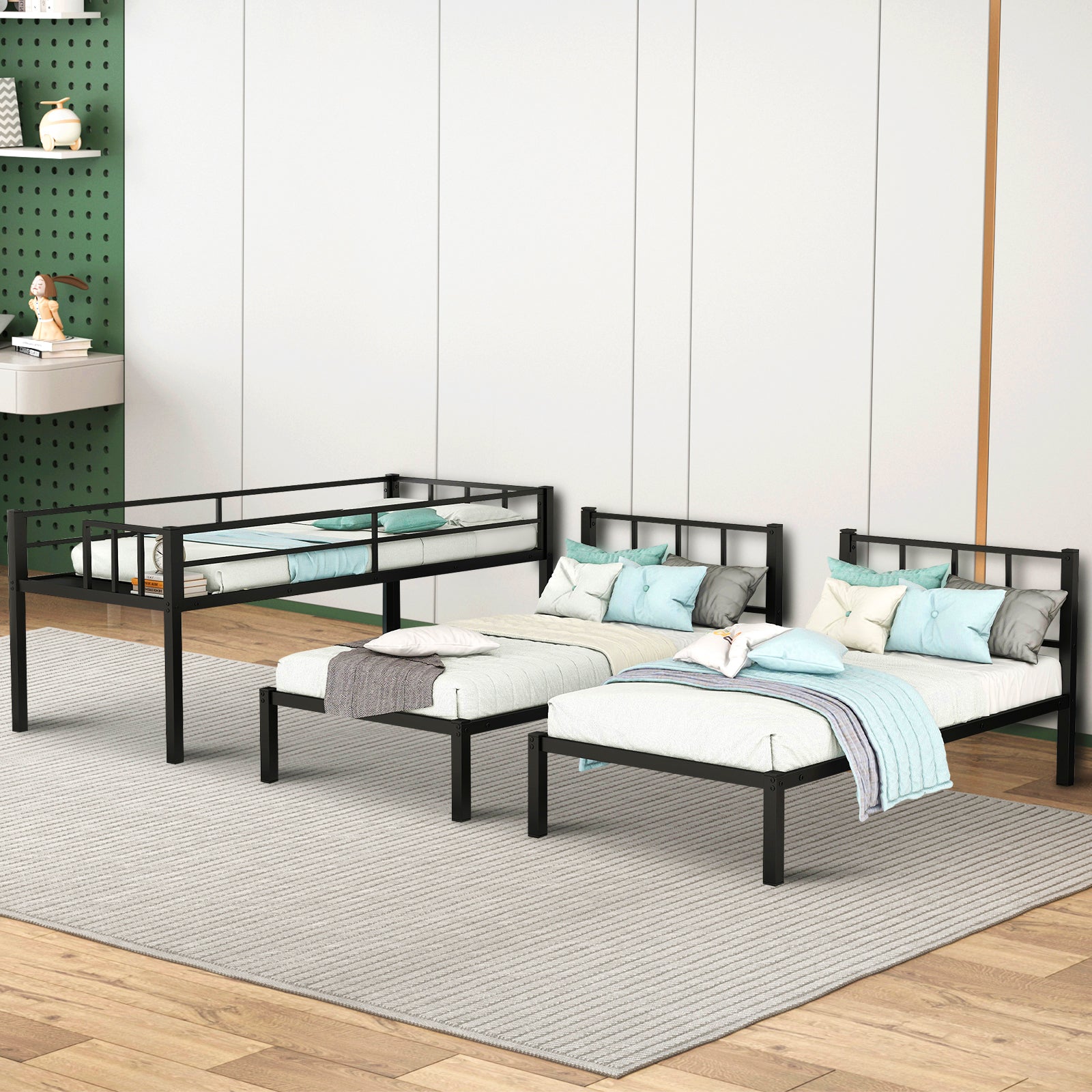 Black metal twin bunk bed with guardrails and mattresses