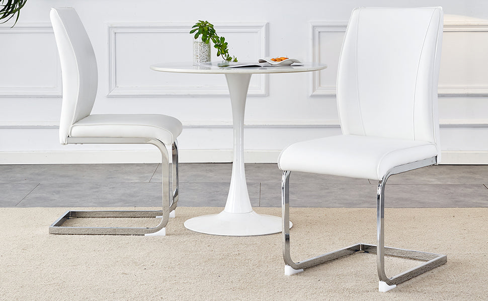Modern white faux leather dining chair with chrome cantilever legs