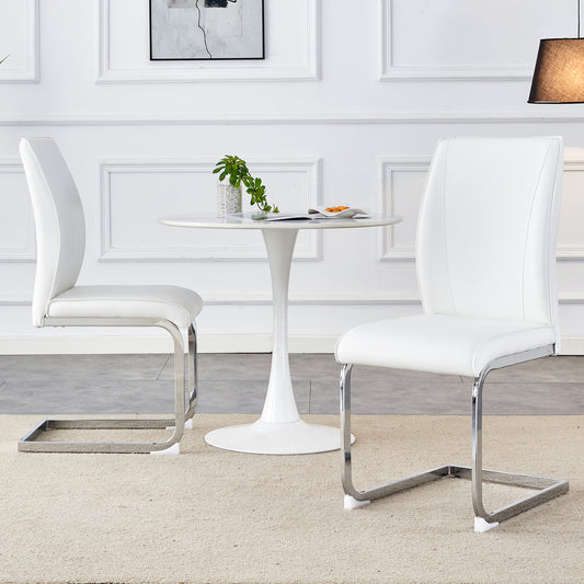 Modern white faux leather dining chair with sleek chrome sled base
