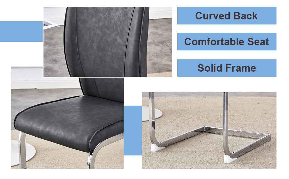 Closeup of a dark grey faux leather dining chair seat with a contoured stitch detail