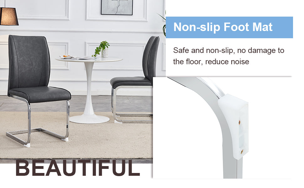 Dark gray faux leather dining chair with chrome sled base and floor protector