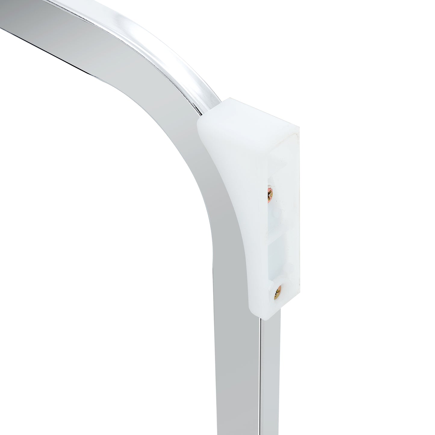 Chrome plated metal shelf bracket with white plastic support sleeve and screws
