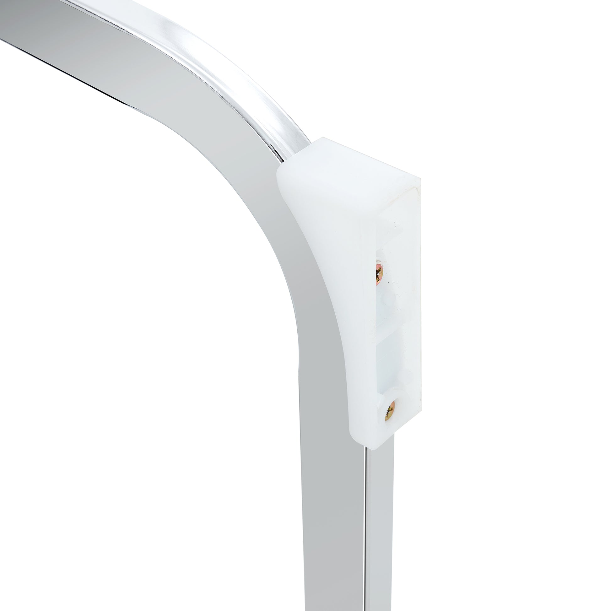 Chrome plated metal shelf bracket with white plastic support sleeve and screws