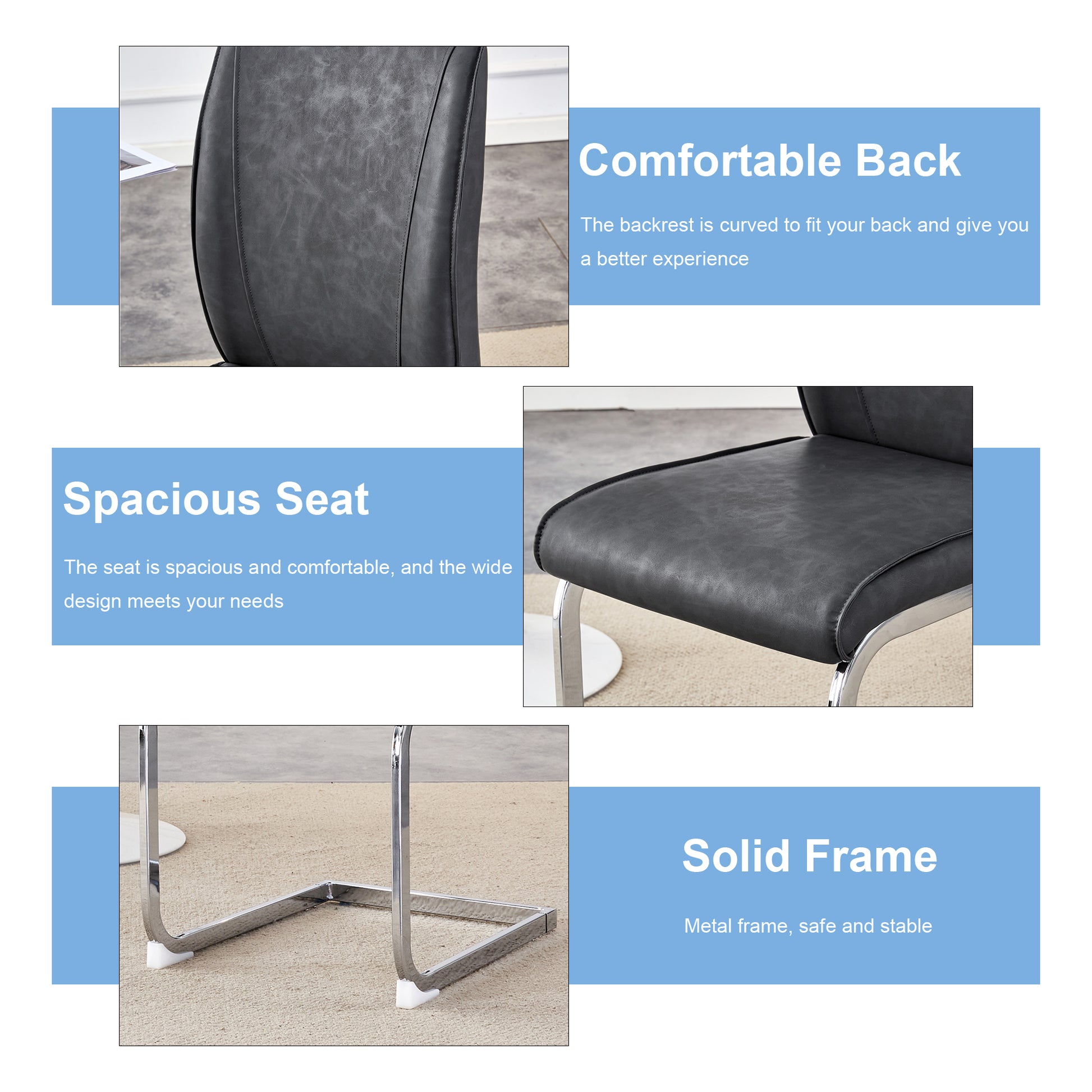 Dark grey faux leather chair with a curved comfortable back for better support