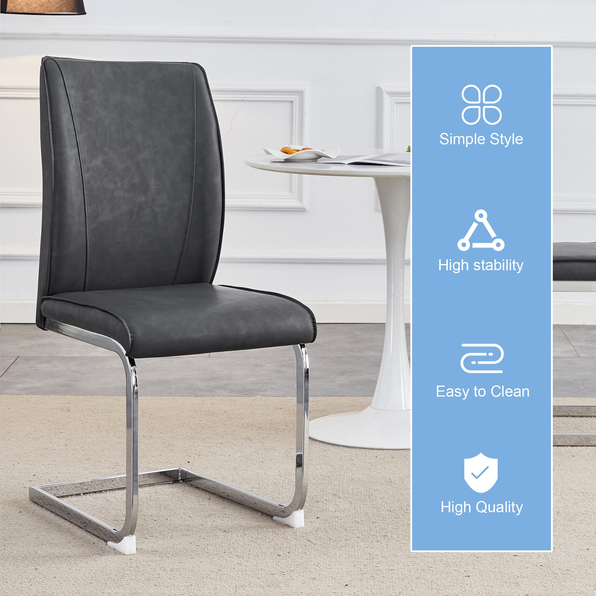 Dark grey faux leather dining chair with chrome cantilever base modern style