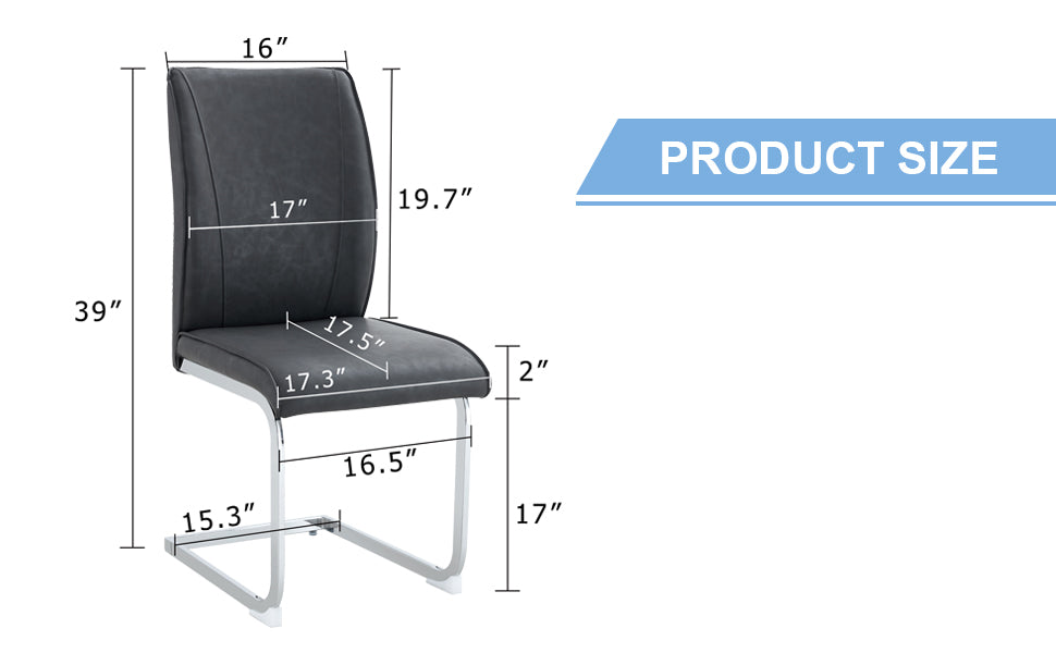 Black faux leather cantilever dining chair with silver metal base and dimensions displayed