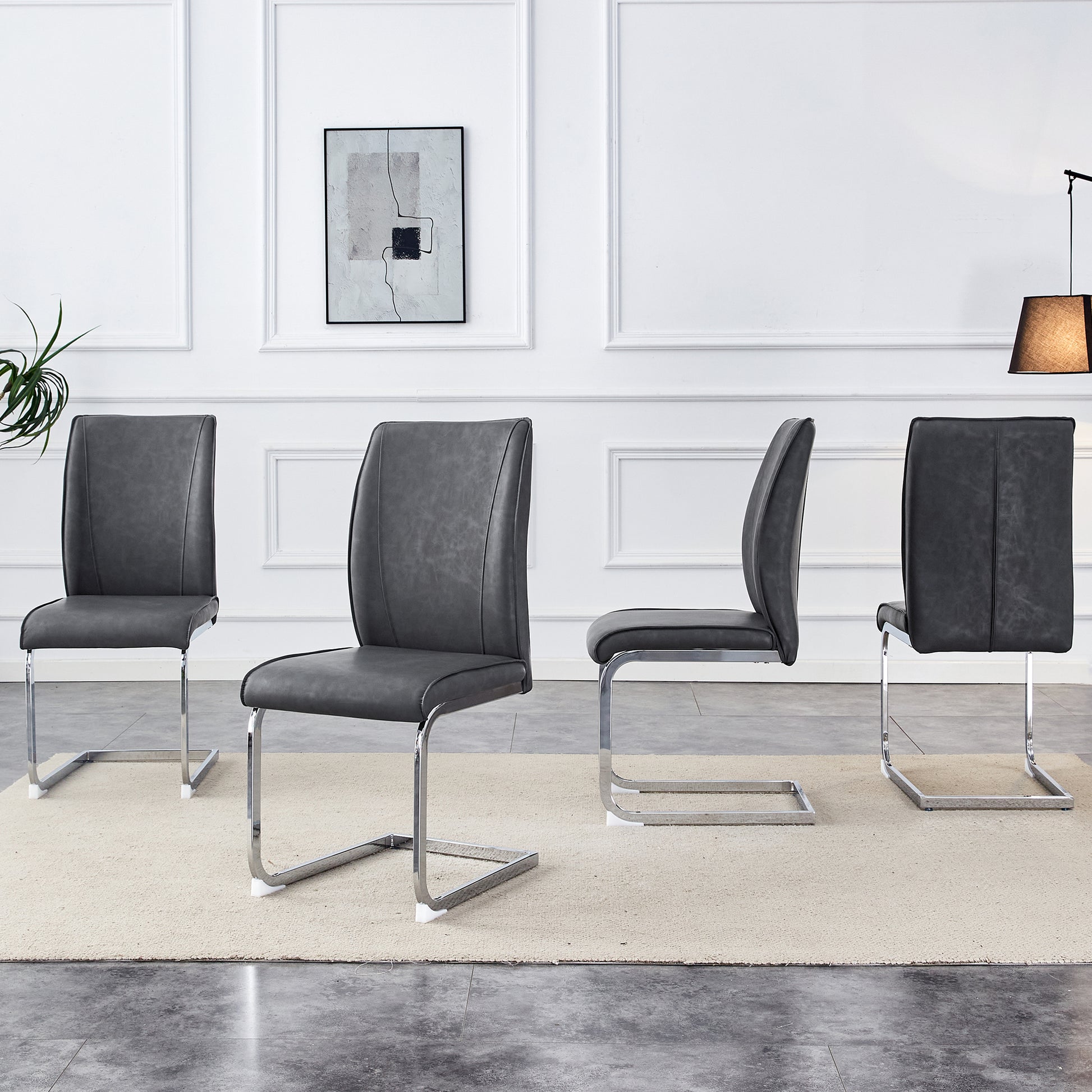 Modern grey faux leather dining chair with chrome cantilever base set of