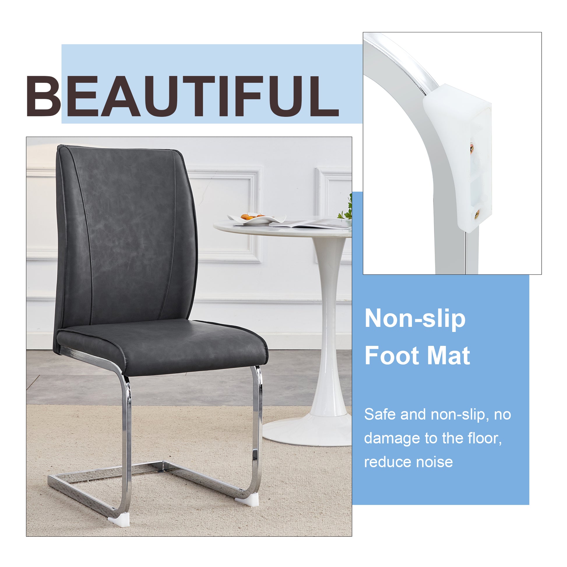Dark gray faux leather dining chair with chrome cantilever base