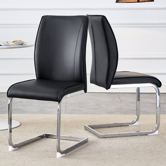 Modern black faux leather dining chair with chrome cantilever base