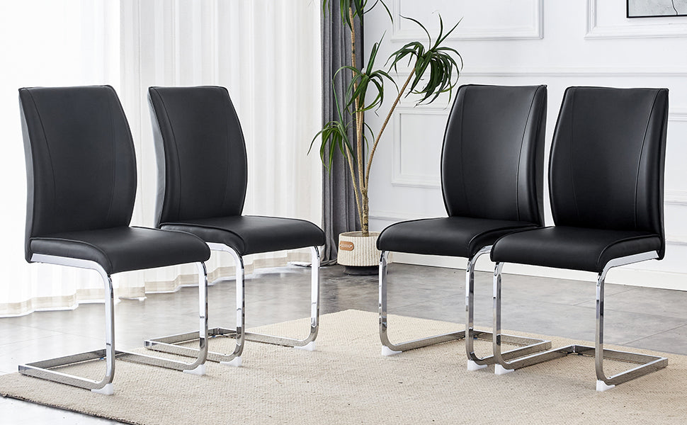 Four black leatherette dining chairs with chrome cantilever bases