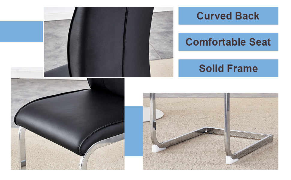 Black faux leather dining chair with curved back comfortable seat and solid metal frame