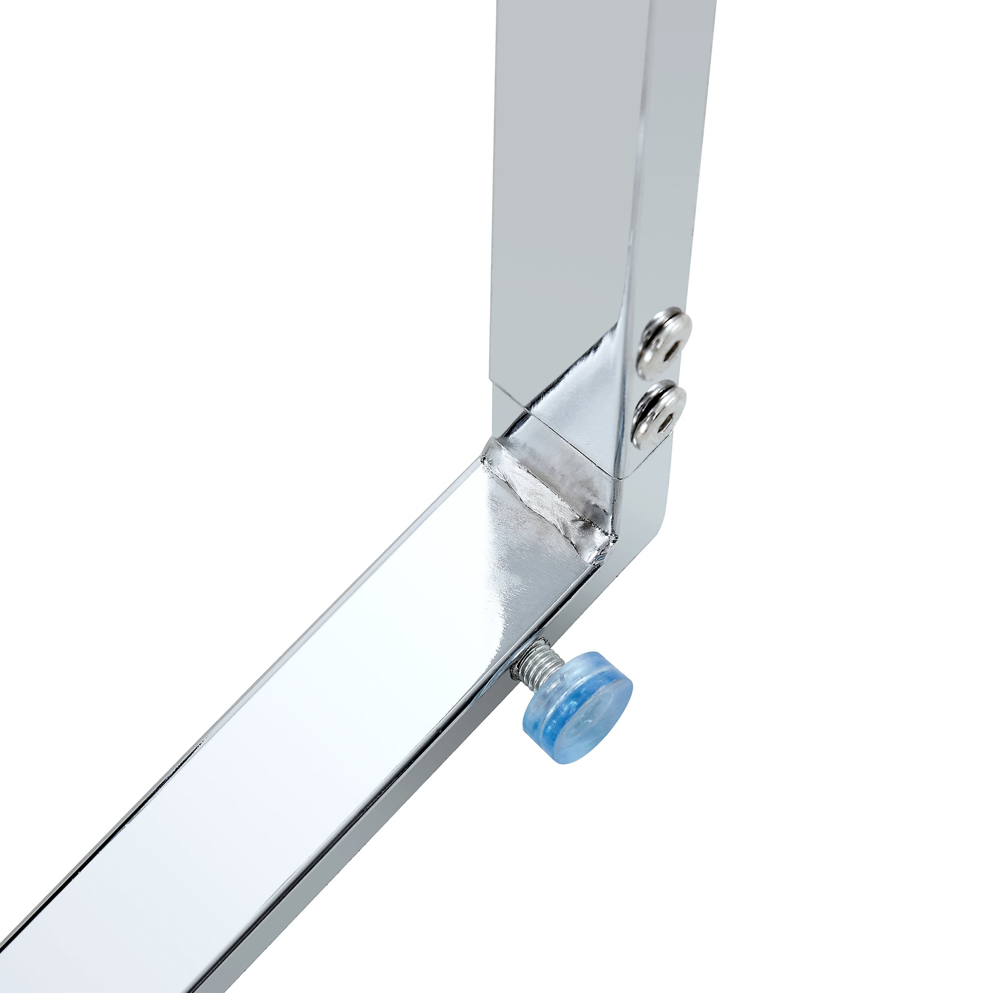 Close up of a chrome metal leg with a blue adjustable foot