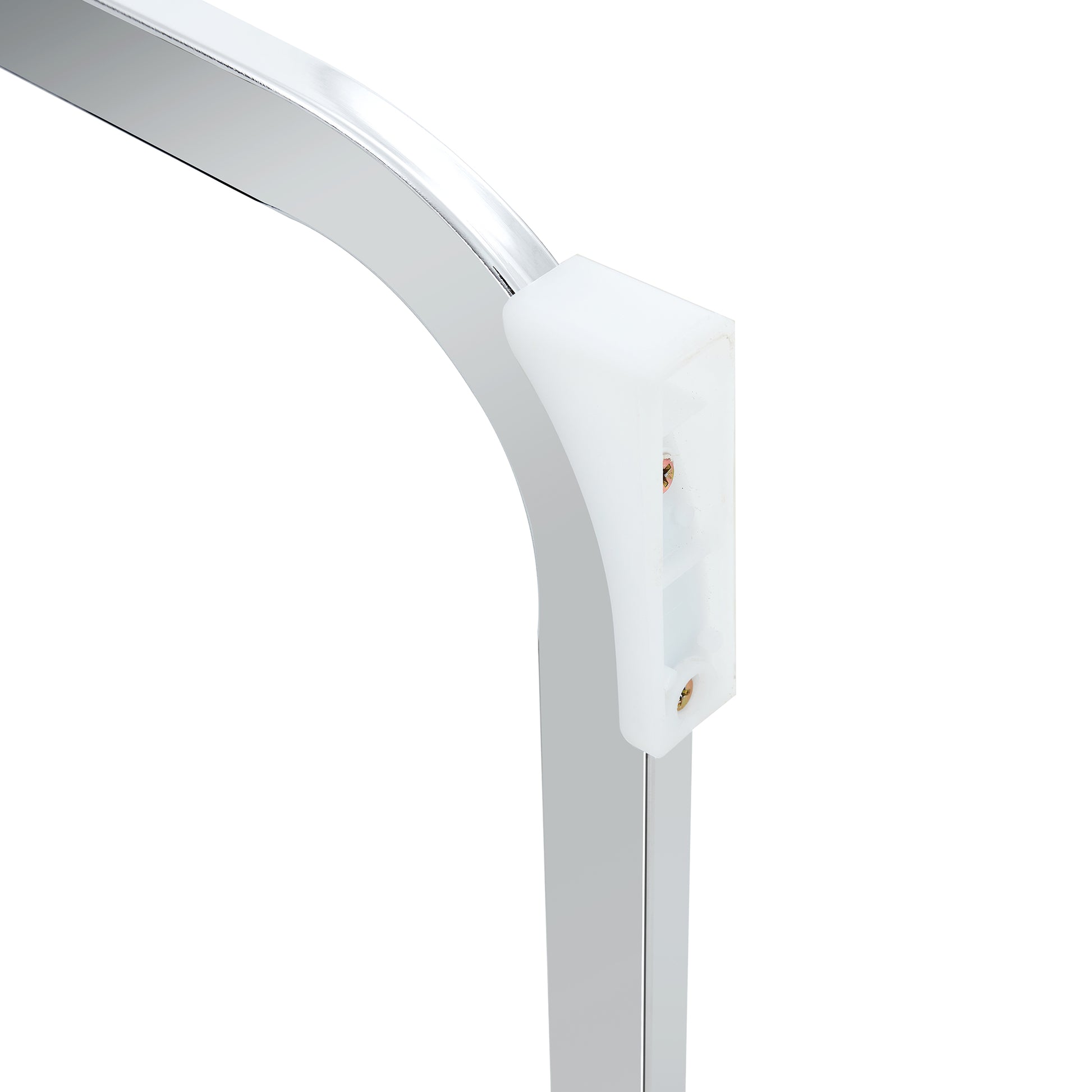 Closeup of a polished chrome table leg with a white plastic foot cap showing screw detail