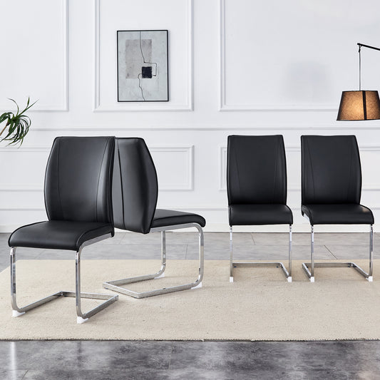 Four black faux leather dining chairs with chrome cantilever bases arranged in a modern living space