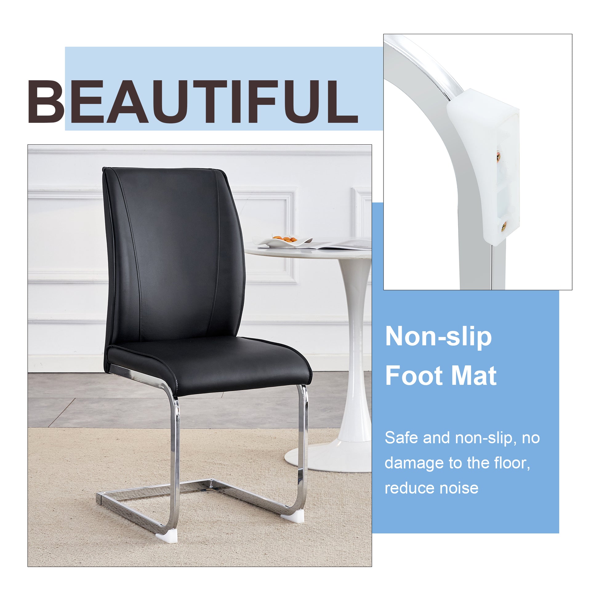 Modern black leather dining chair with sleek chrome sled base