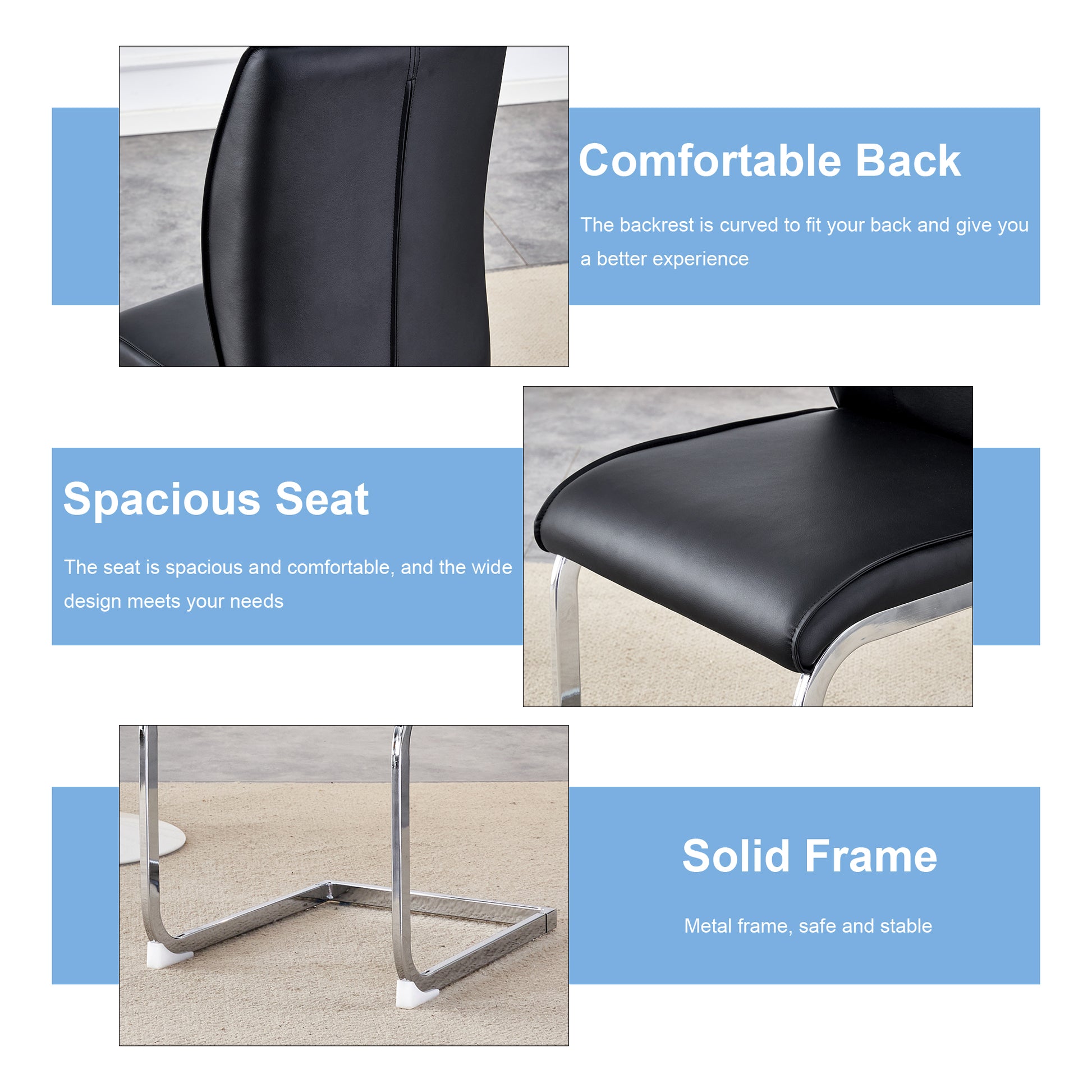 Closeup of a black faux leather dining chair back with curved lumbar support