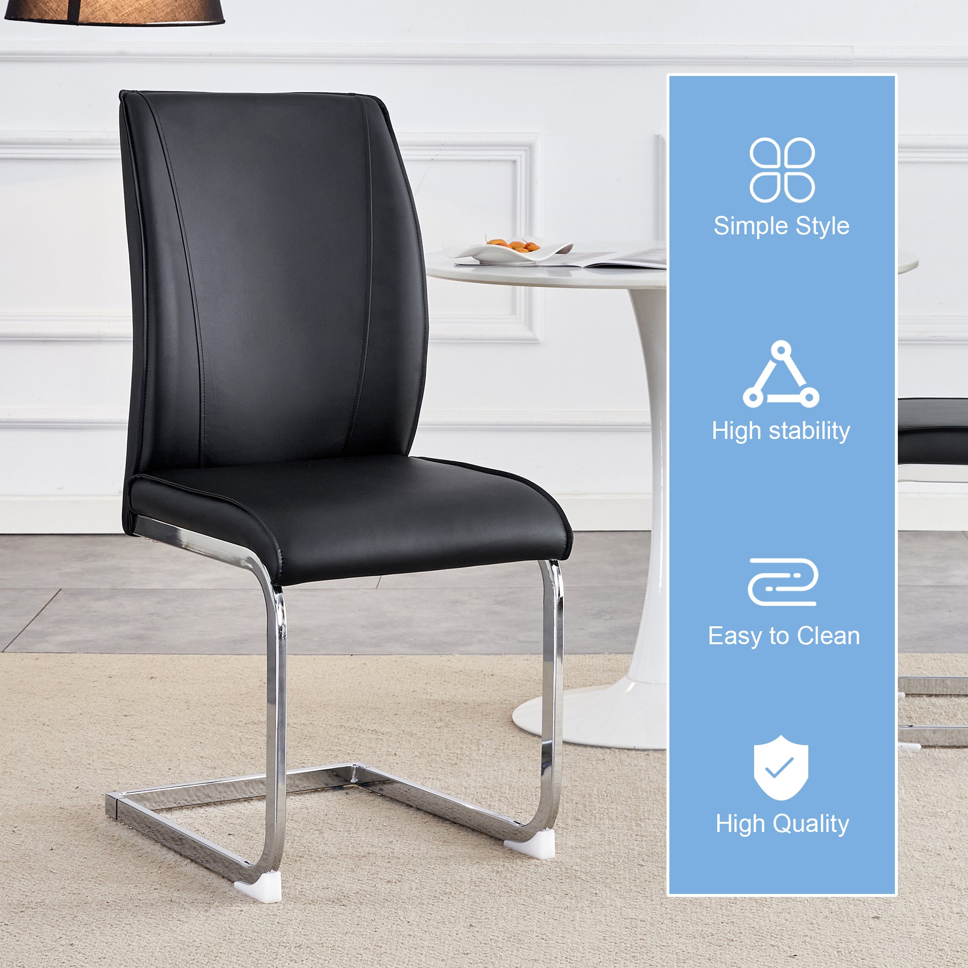 Black faux leather dining chair with chrome sled base