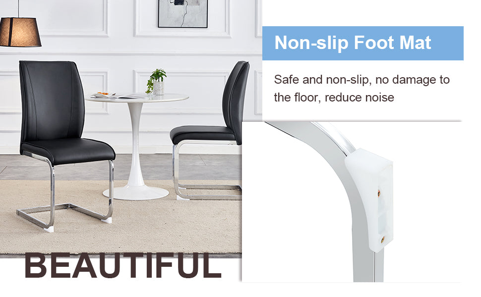 Modern black faux leather dining chair with chrome cantilever base