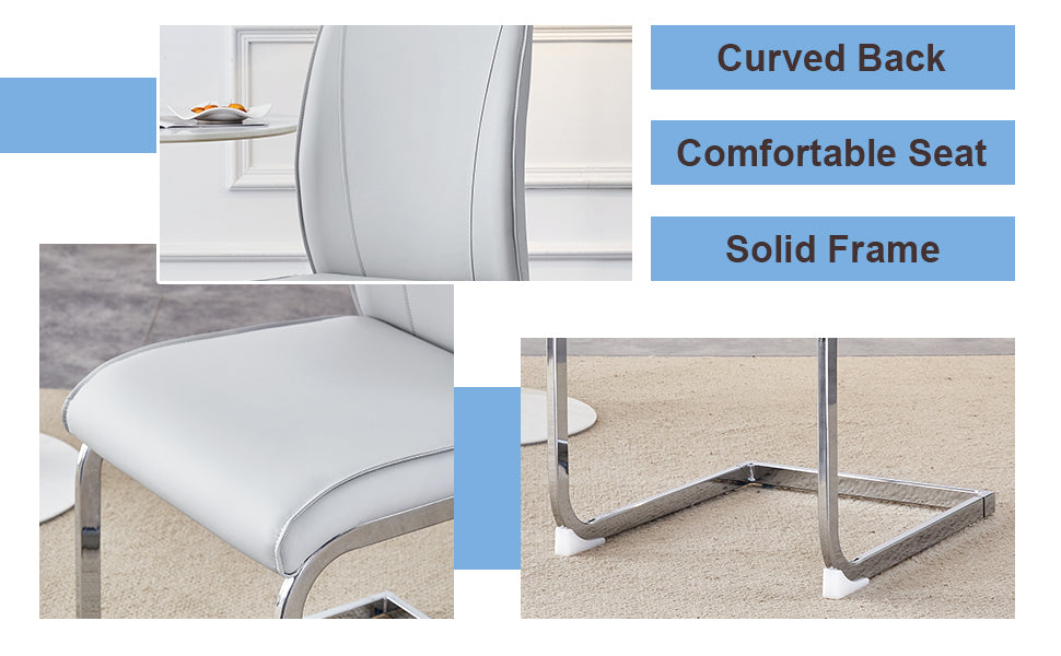 White faux leather dining chair with curved back and chrome sled legs