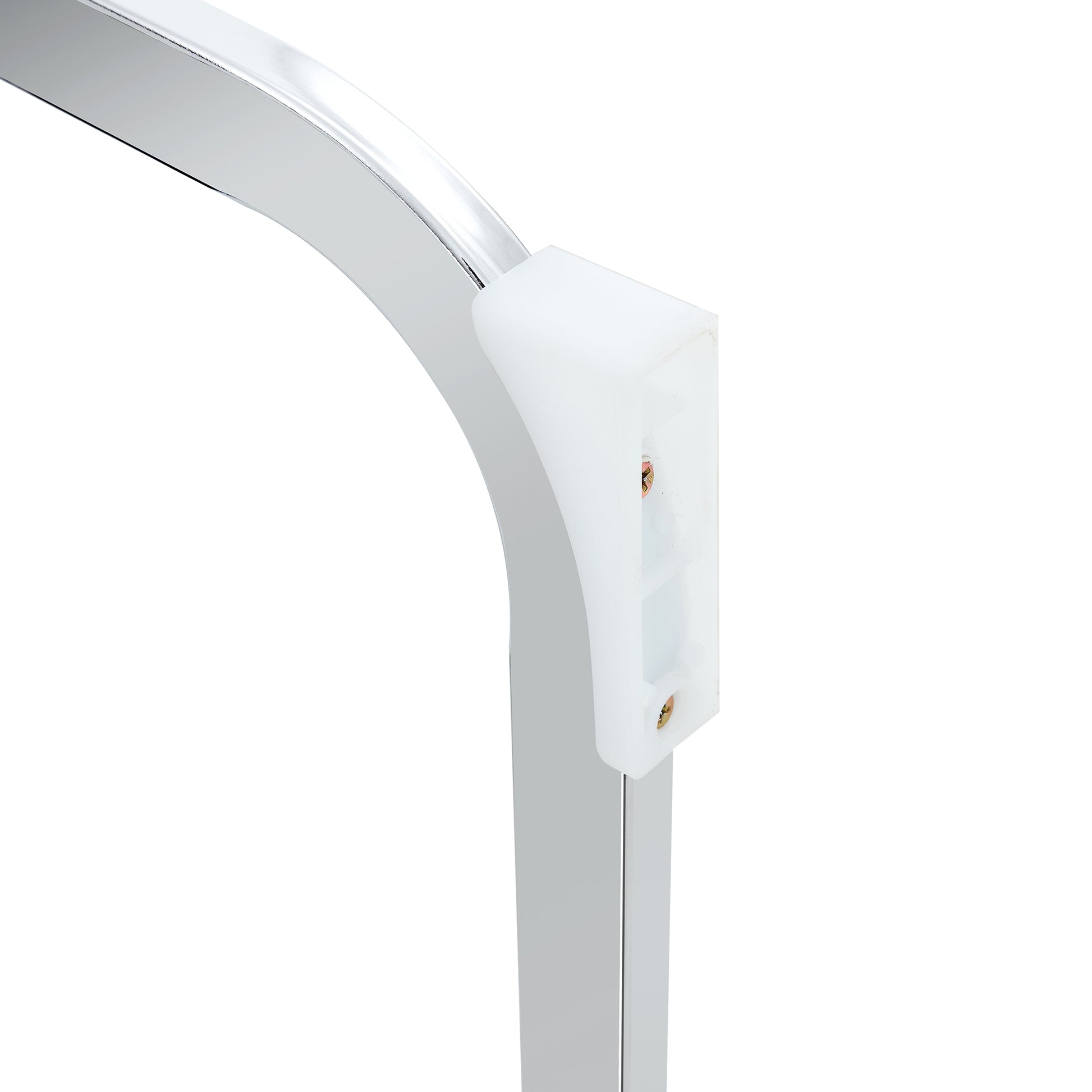 Closeup of a chrome leg bracket with white plastic protector and screws