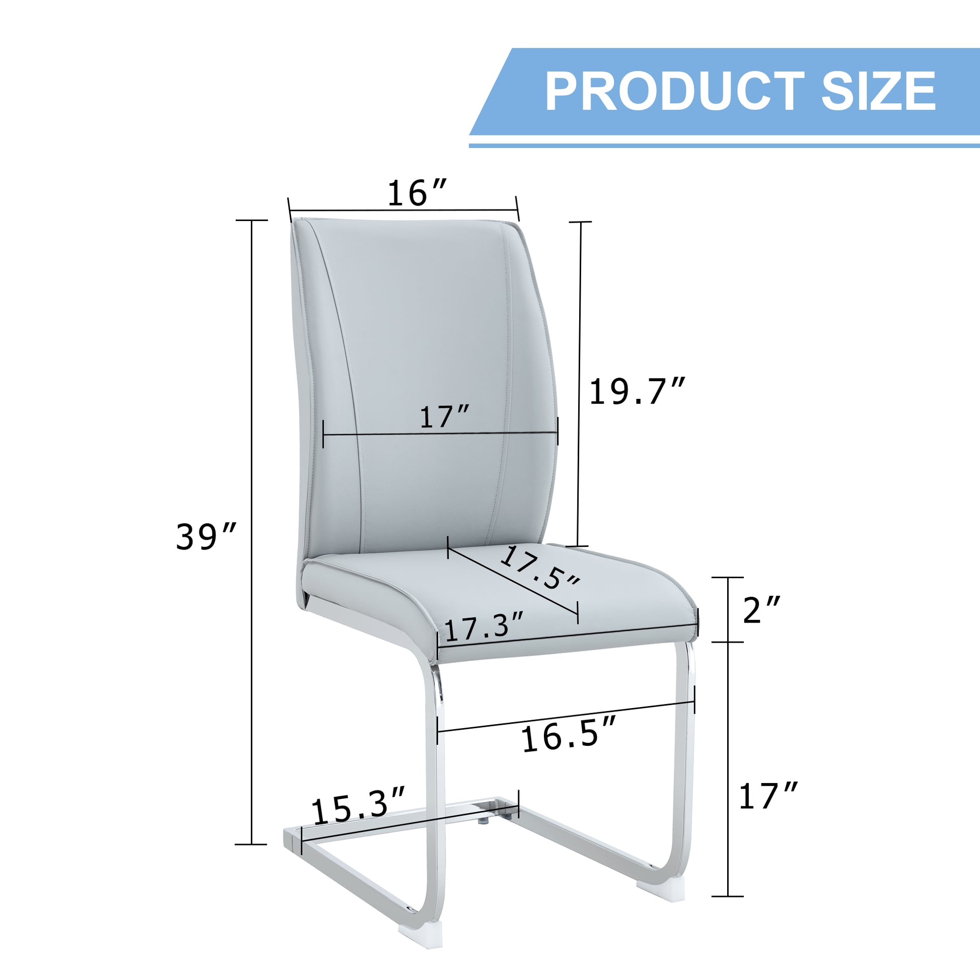 Light gray faux leather dining chair with chrome sled base  W x  H