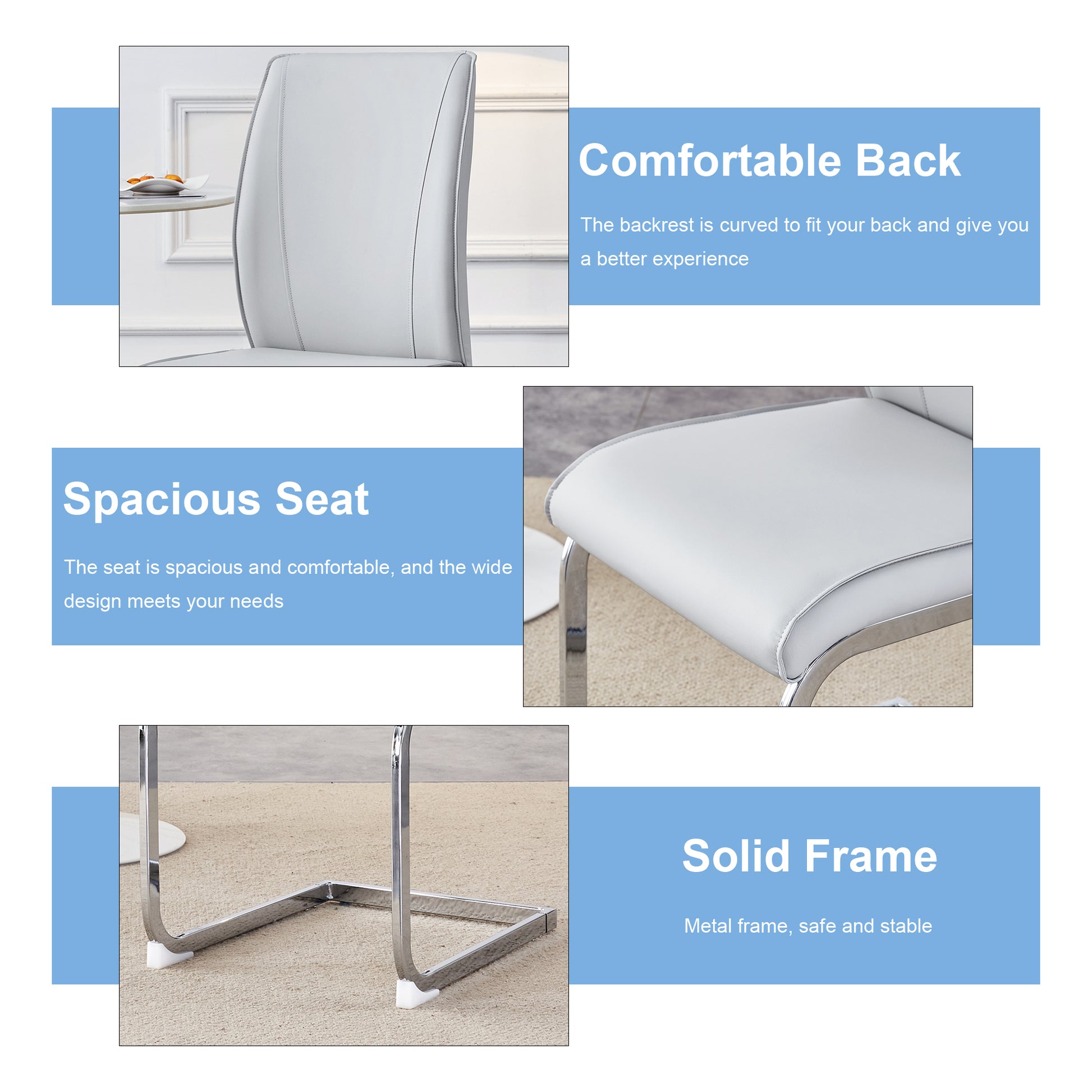 Curved light gray faux leather dining chair with a sleek silver frame
