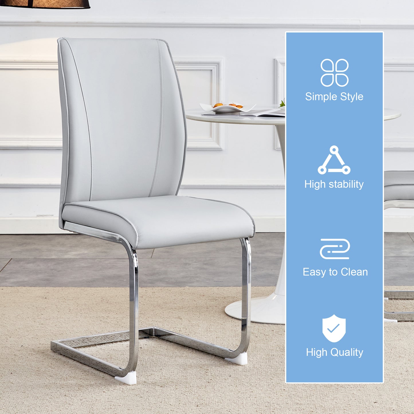 Light gray faux leather dining chair with sleek chrome cantilever base modern accent