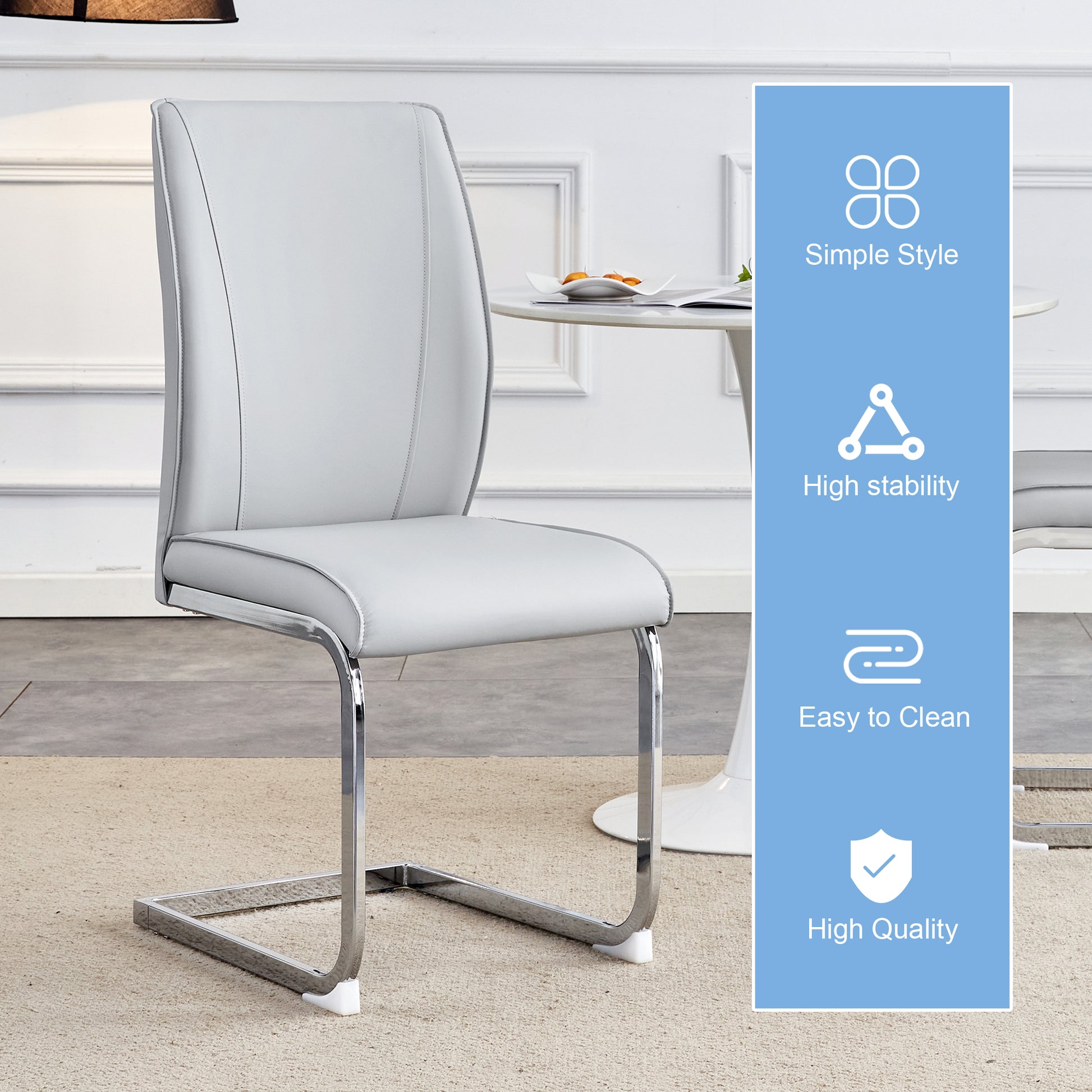 Light gray faux leather dining chair with sleek chrome cantilever base modern accent