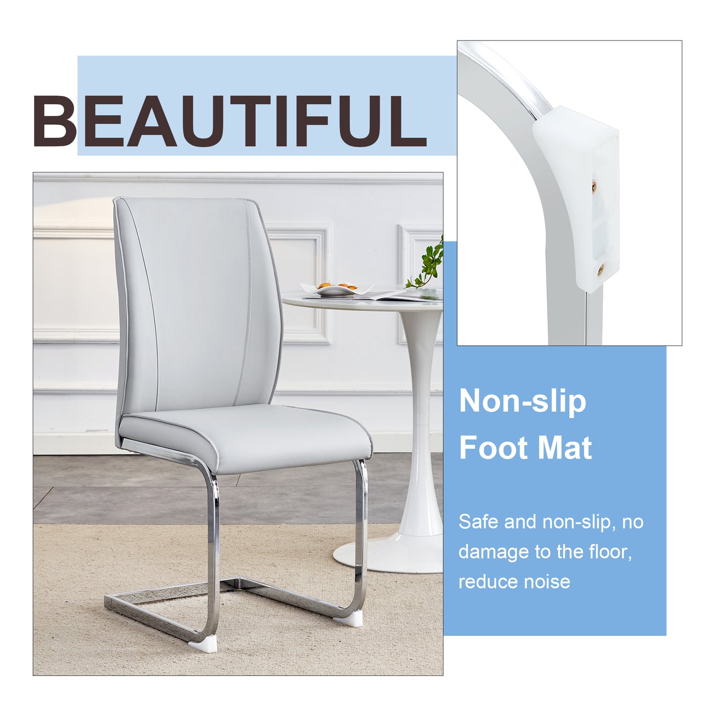 Modern grey faux leather dining chair with sleek chrome cantilever base and nonslip foot mat detail