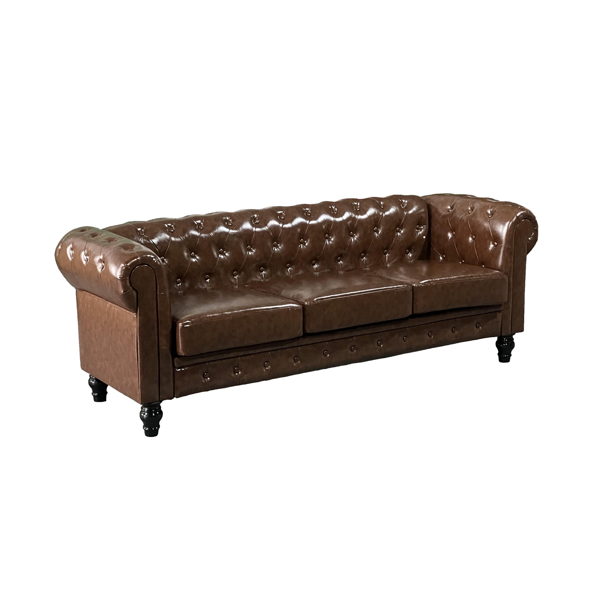 Brown leather chesterfield sofa with button tufting and dark wooden legs