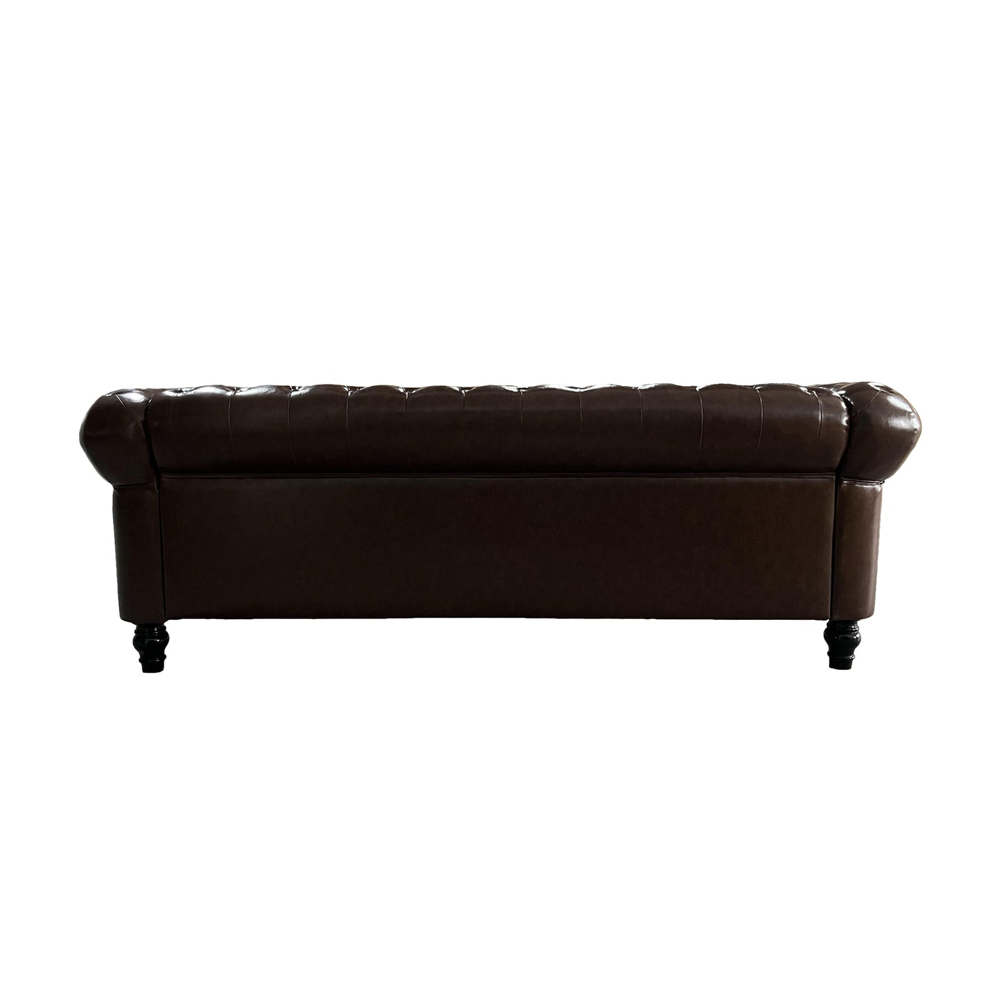 Dark brown leather chesterfield sofa tufted back rolled arms classic design