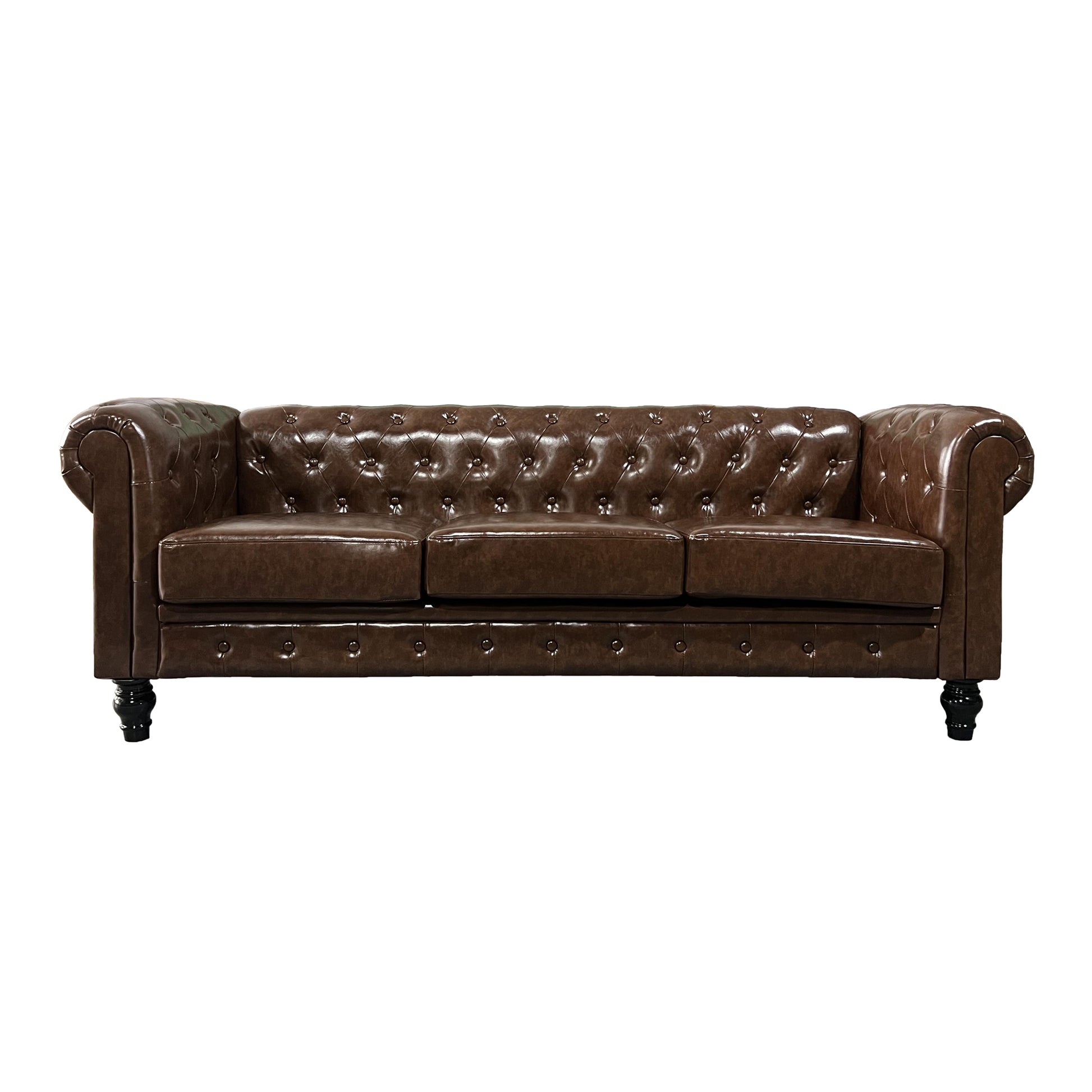 Brown leather chesterfield sofa with tufted cushions and ornate legs a classic living room accent