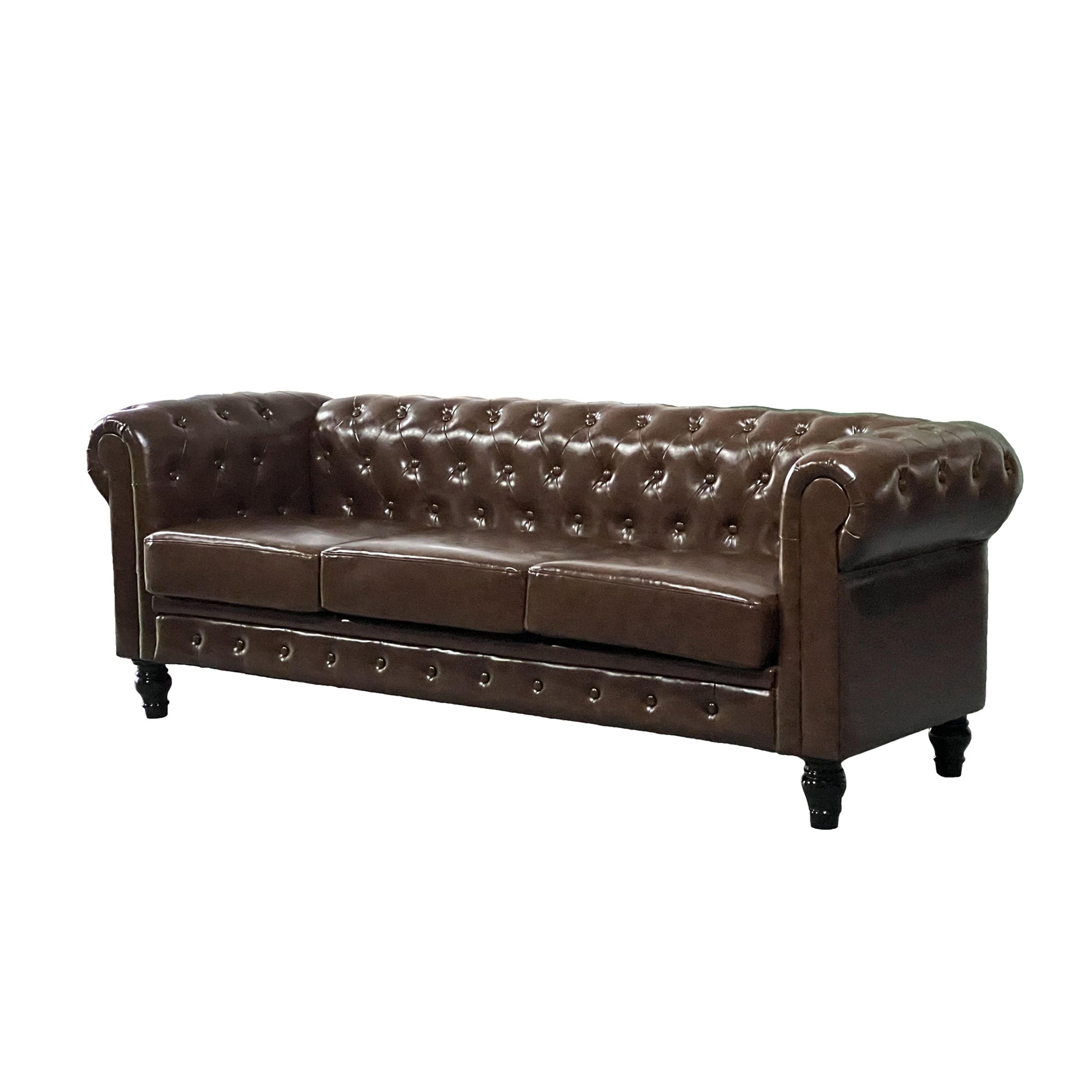 Dark brown leather chesterfield sofa with deep tufting and silver nailhead trim accents