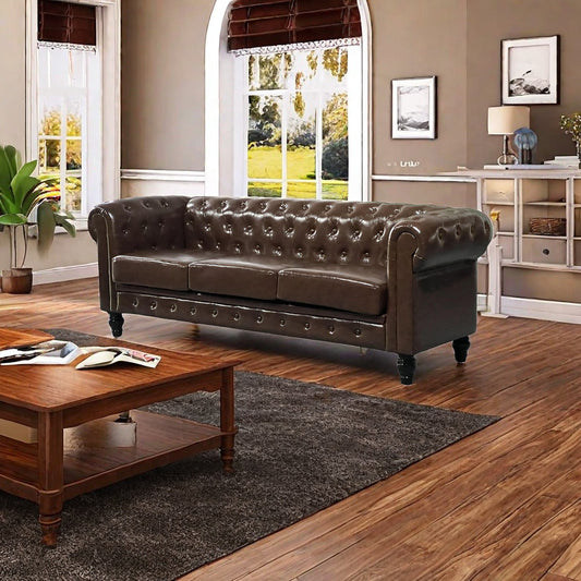 Deep brown tufted leather chesterfield sofa with rolled arms and wooden legs