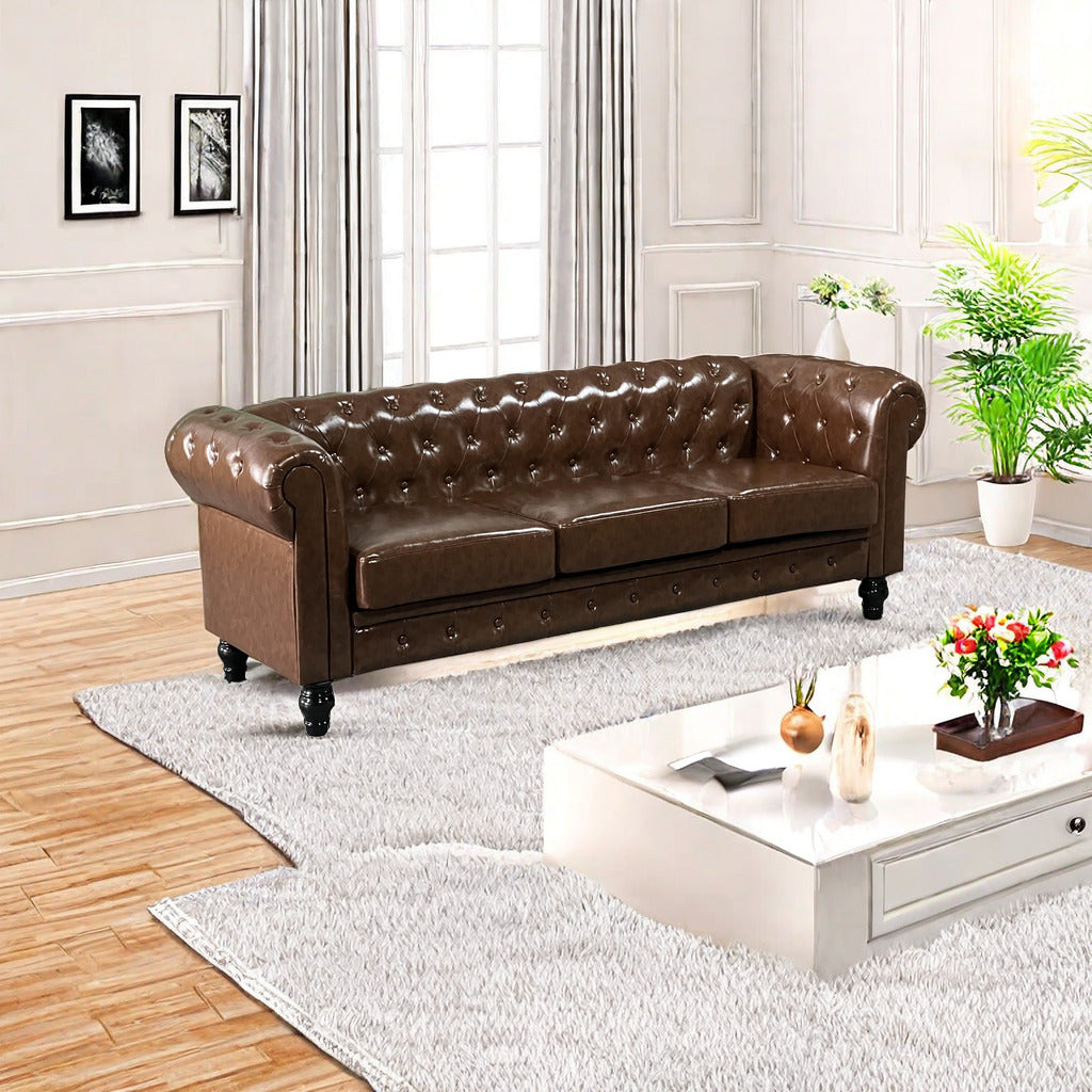 Brown leather chesterfield sofa with deep button tufting a classic living room centerpiece