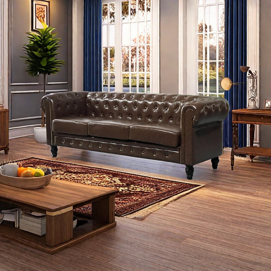 Brown leather Chesterfield sofa with deep button tufting ideal for living room seating