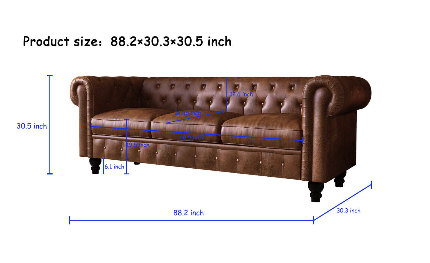 Brown leather chesterfield sofa with button tufting featuring rolled arms and dark wooden legs