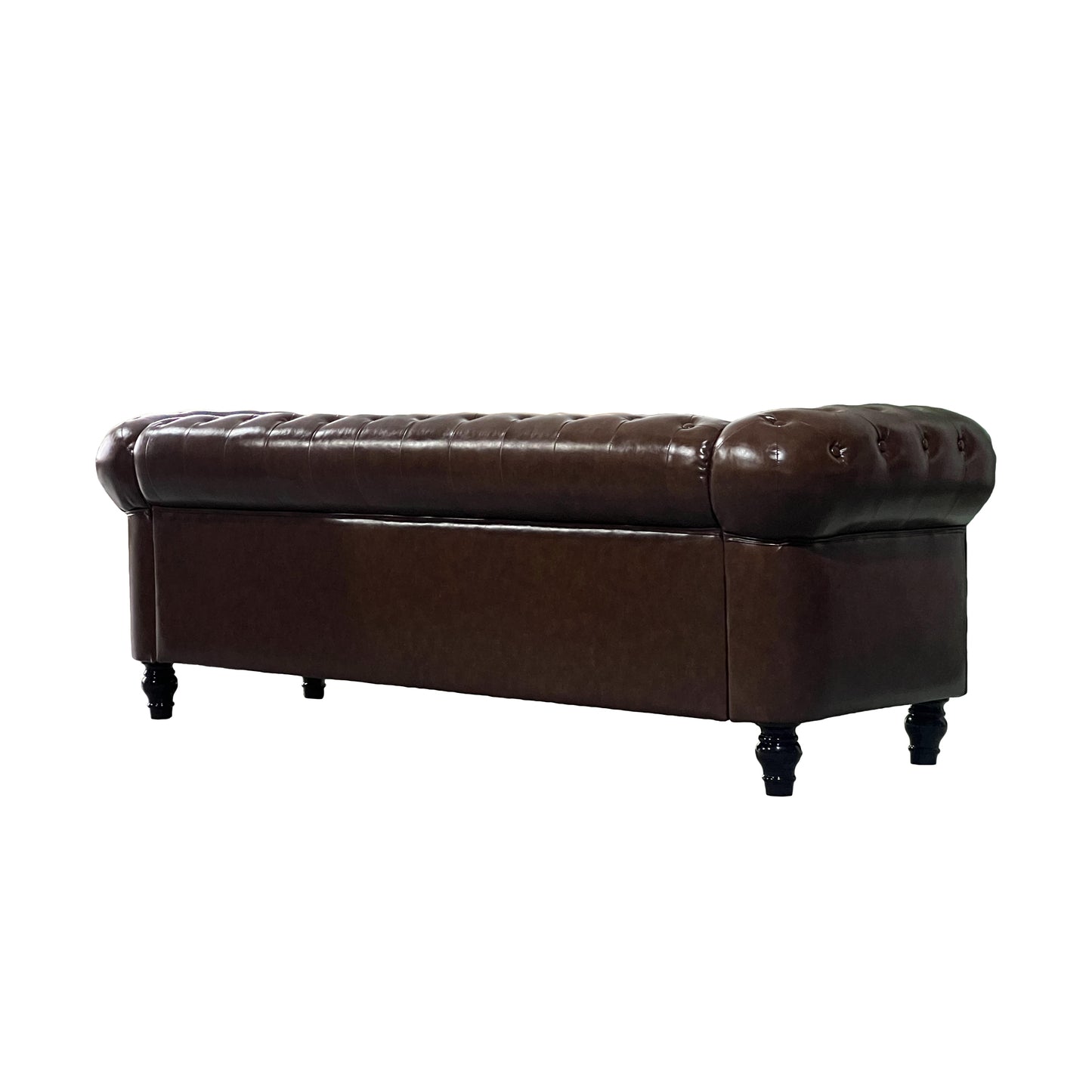 Deep brown faux leather tufted storage bench with dark wooden legs