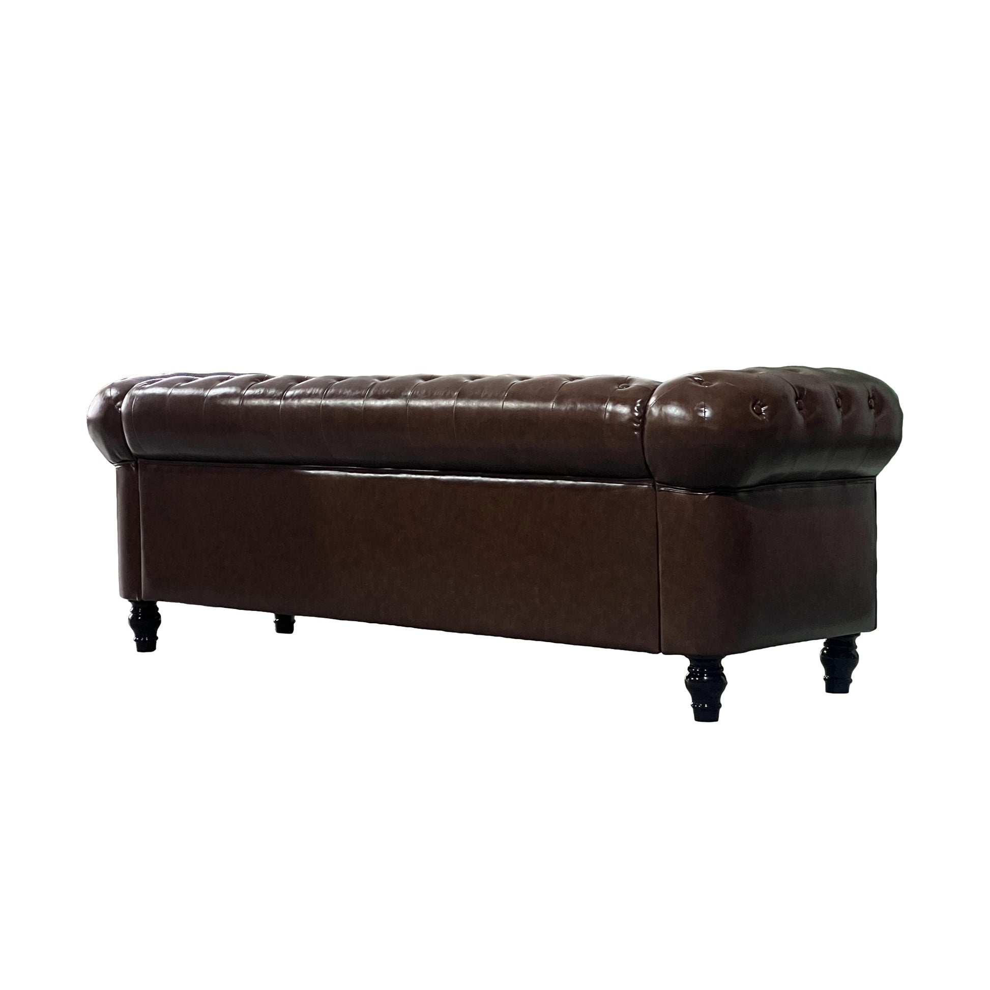 Deep brown faux leather tufted storage bench with dark wooden legs