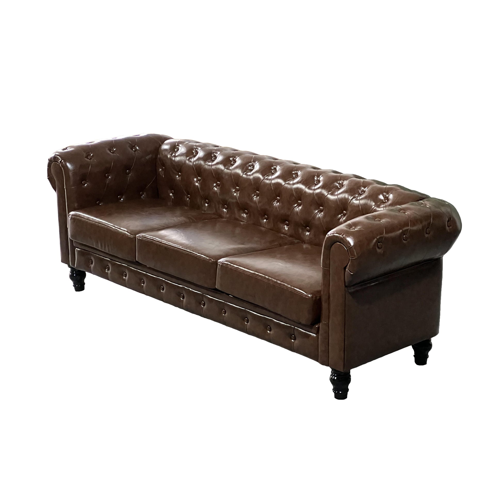 Brown leather Chesterfield sofa with deep button tufting and rolled arms for a classic living room accent
