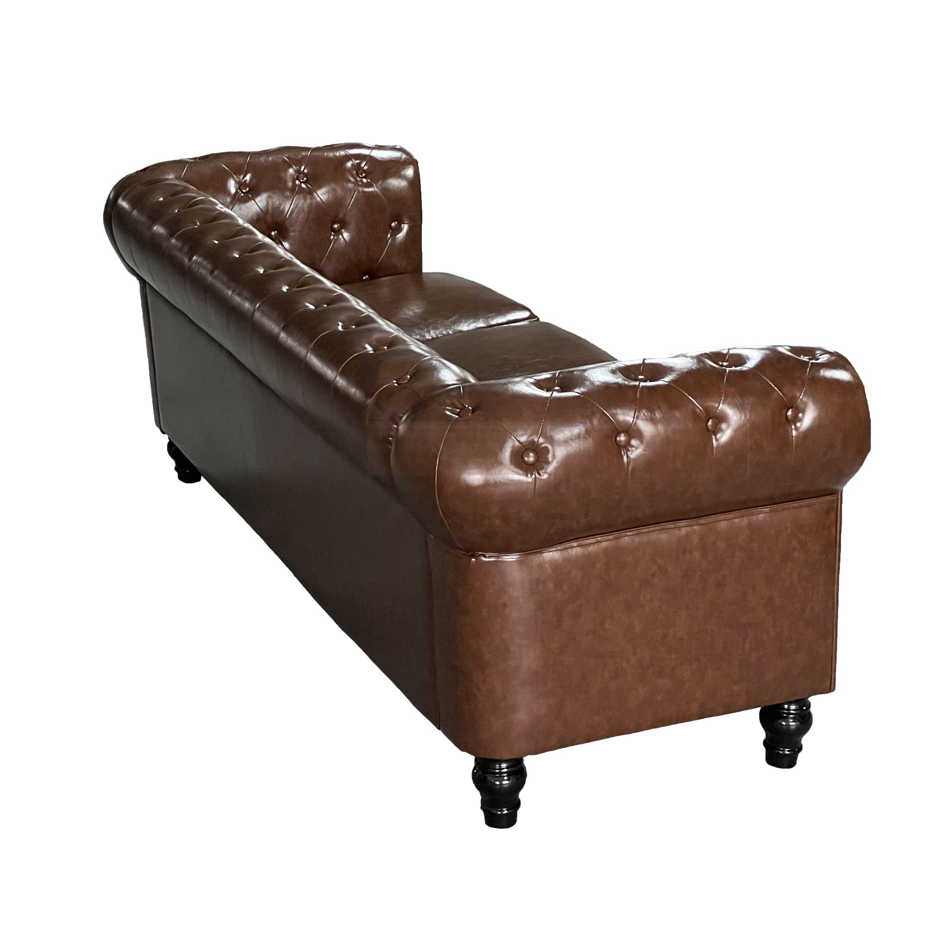 Brown faux leather Chesterfield chaise lounge with tufted upholstery and dark wood legs