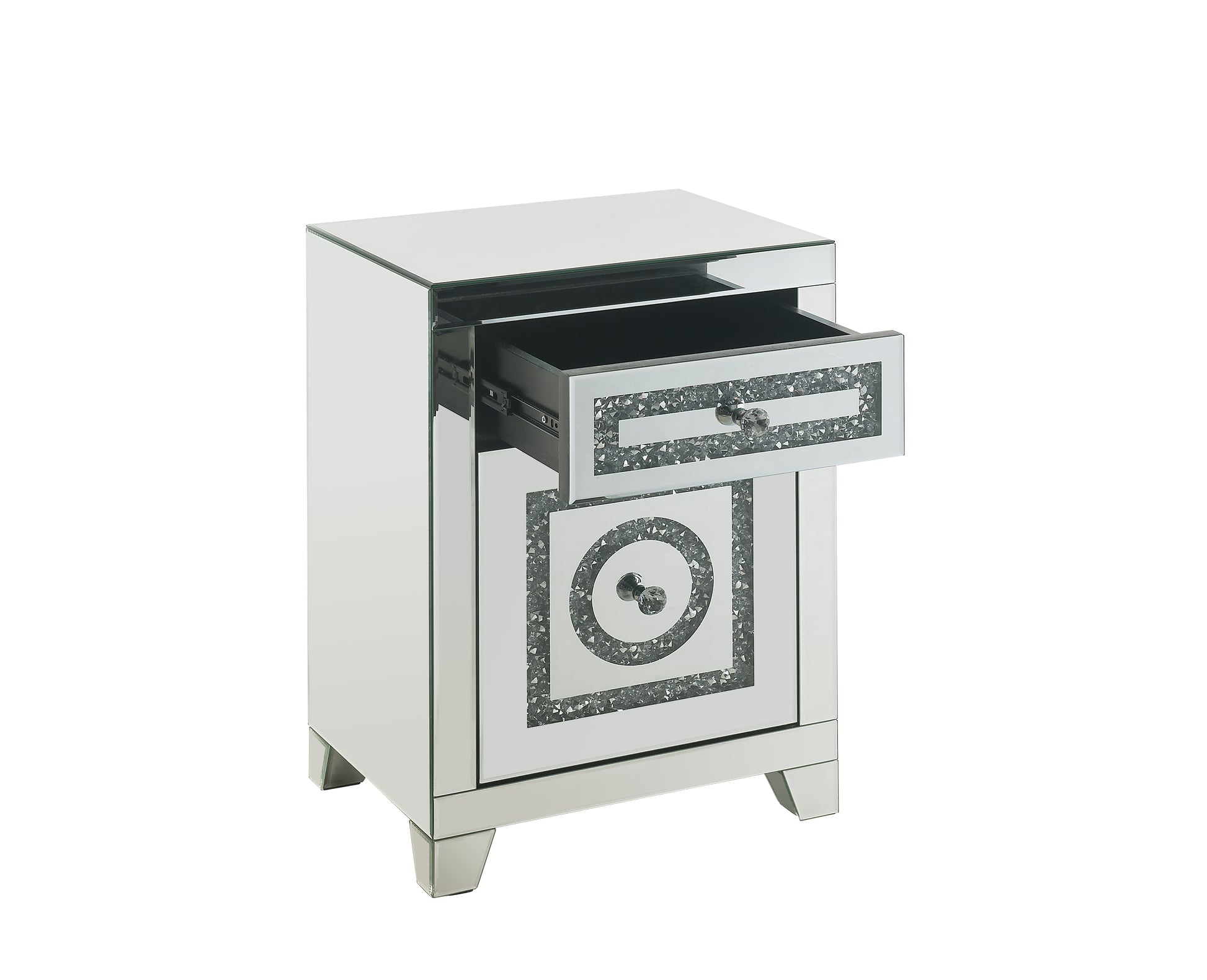 Glamorous mirrored nightstand with crushed diamond inlay one drawer open crystal knob